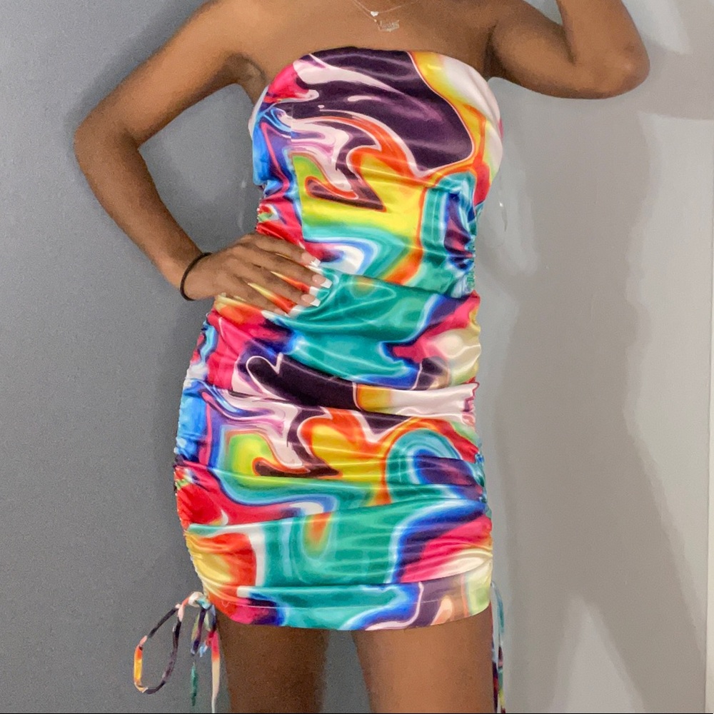 AKIRA MULTI COLORED SATIN RUCHED DRESS